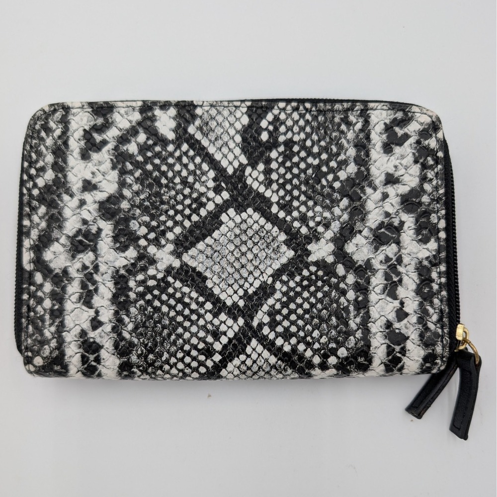 Black White Faux Snakeskin Zip Wallet Crossbody Bag Detachable Strap